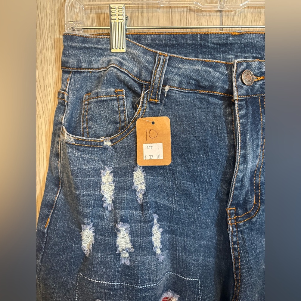 Distressed Blue Jeans with Red Patchwork - Picture 2 of 4